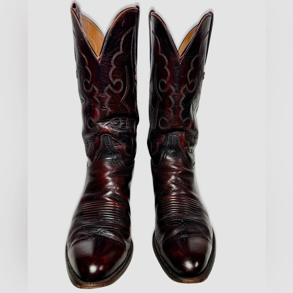 Lucchese Womens Boots Size 10.5 Black Cherry Vintage Goat Skin Leather Knee High - Picture 8 of 13